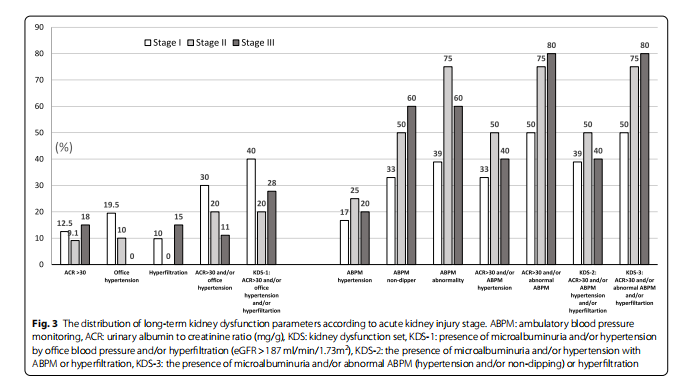 Fig. 3 The distribution of long-term kidney dysfunction parameters according to acute kidney injury stage.